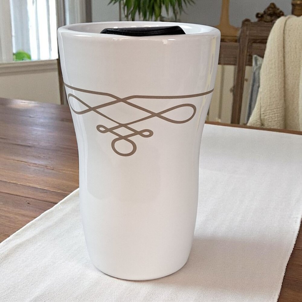 Starbucks 9 oz White Scroll Ceramic Travel Coffee Drink Tumbler Mug 2016